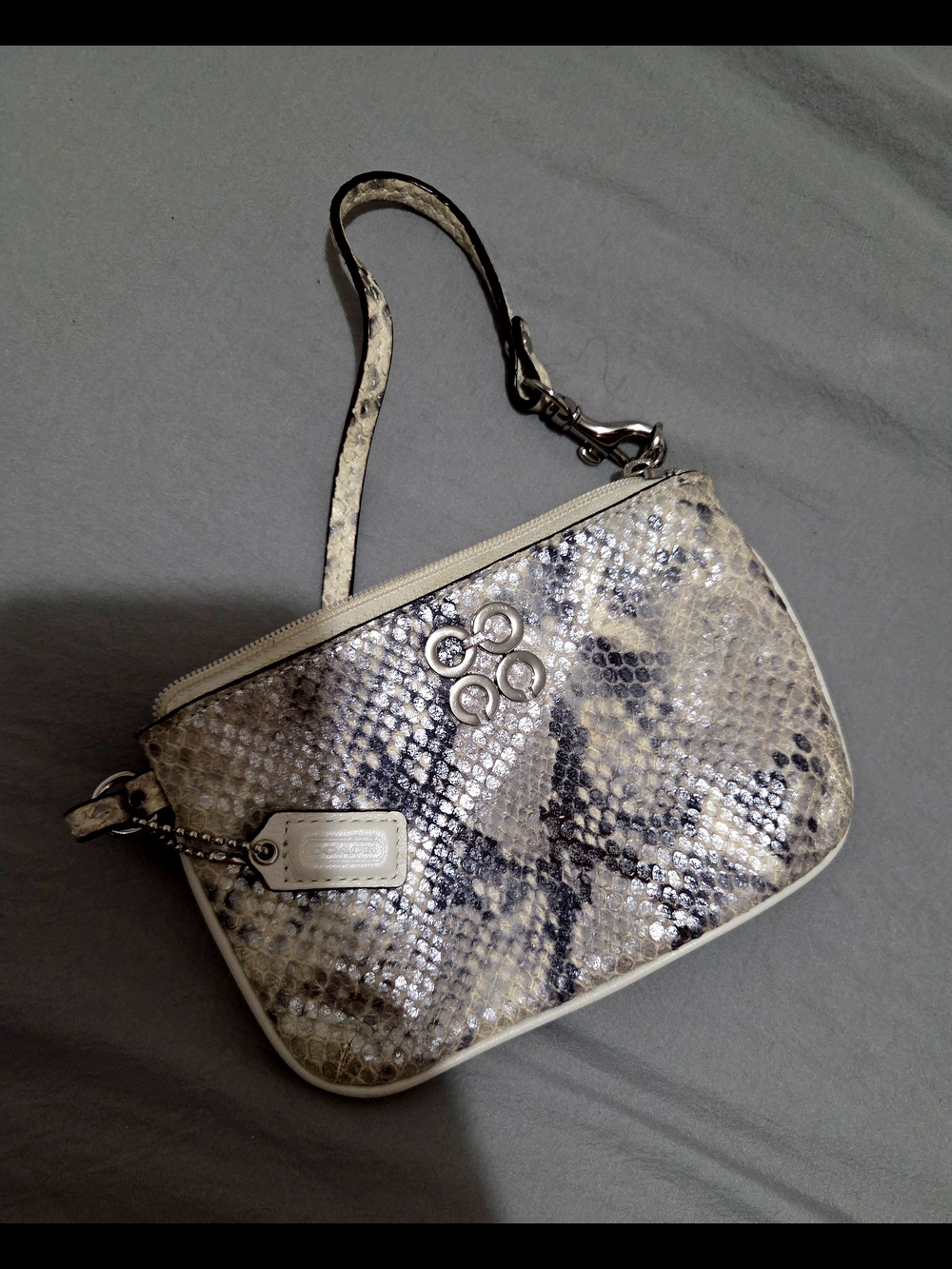 Coach Snake-Print Wristlet in Cream and Black